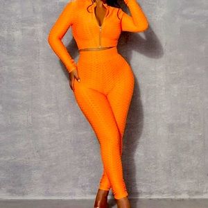 Textured zip up crop jacket and leggings TWO PIECE